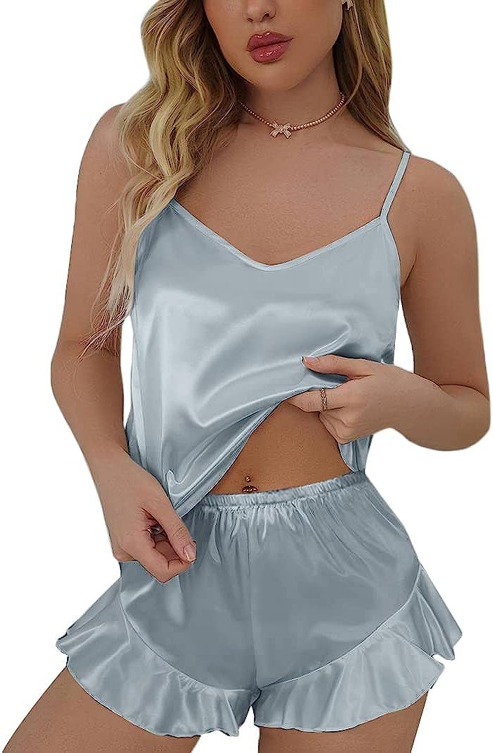 Samring Silk Pajamas for Women Satin Camisole Sleepwear Sexy Lingerie Cami Top with Ruffled Short... | Amazon (US)