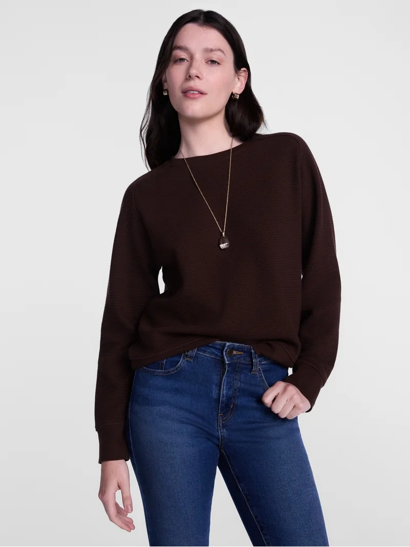 Scenario Women's Waffle Knit Crewneck Tee with Long Sleeves, Sizes XS-XXXL | Walmart (US)