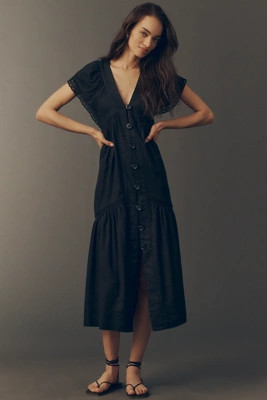 The Reneé Flutter-Sleeve Linen Button-Front Midi Dress | Anthropologie (US)