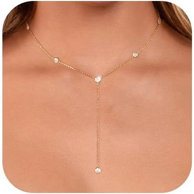 Lariat Gold Necklace for Women: Dainty 14K Gold Plated/Silver Y-Shaped Beaded Drop Chain, Trendy Gift | Target