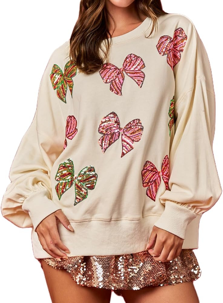 ROAONOCOMO Women Christmas Sequins Sweatshirt Funny Graphic Oversized Pullover Top Cute Xmas Sant... | Amazon (US)