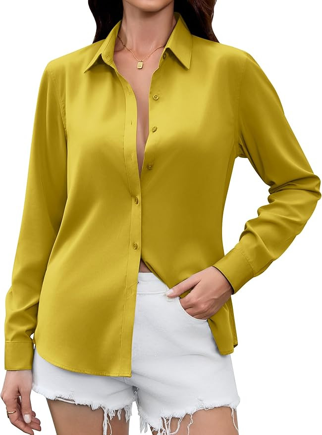 Premium Soft Breathable Satin Silk Button Down Shirts for Women Long Sleeve Blouses Work Dress Ca... | Amazon (US)