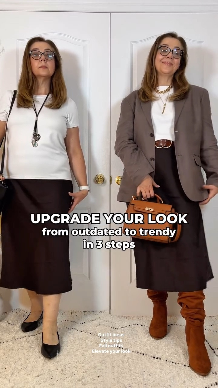 Do you like the upgraded look? 
Save for inspiration and share with a friend! Follow for more easy style and beauty tips and ideas 💡 

I’m wearing:
- white tee @uniqlo 
- brown satin midi skirt @hm 
- taupe men blazer @hm
- brown belt @hm
- brown purse @etsy
- gold plated necklaces @pilgrimjewellery 
- brown faux suede western boots @amazonfashion 
- white cardigan @hm

#outfitideas 
#fallfashion 
#outfitinspo 
#elevateyourlook 
#styleinspo 
#styletips 

Outfit ideas
Style tips
Fall outfits 
Elevate your look

#LTKmidsize #LTKstyletip #LTKautumn