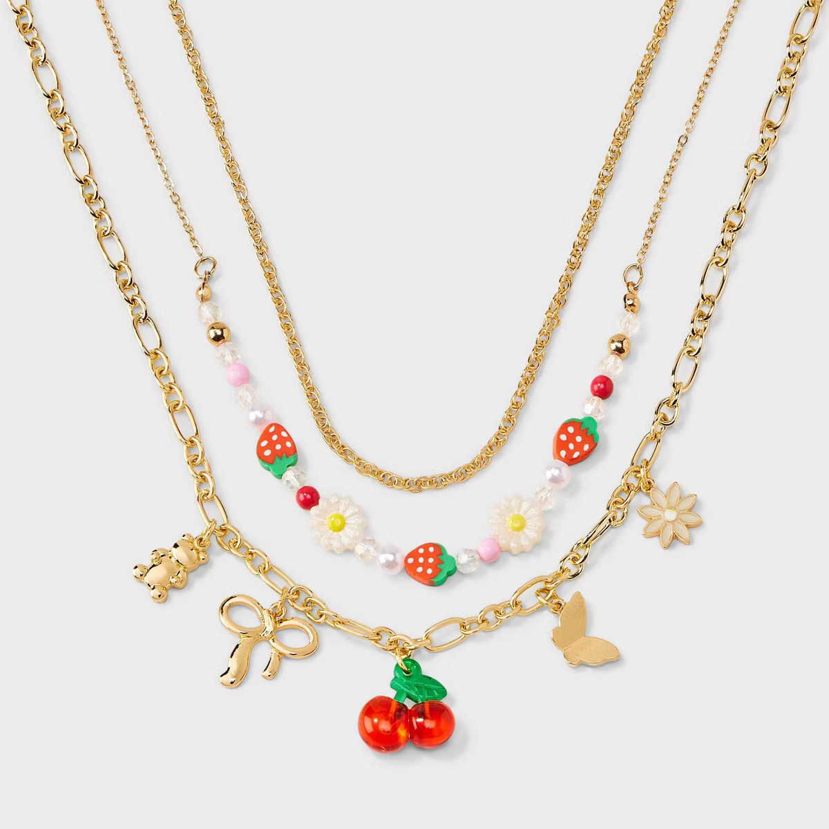Girls' 3pk Strawberry and Cherry Bow Charms Necklace - art class™ | Target