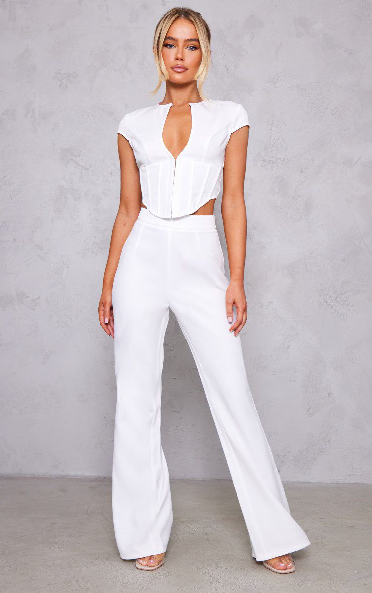 White Woven High Waist Wide Leg Pants | PrettyLittleThing US