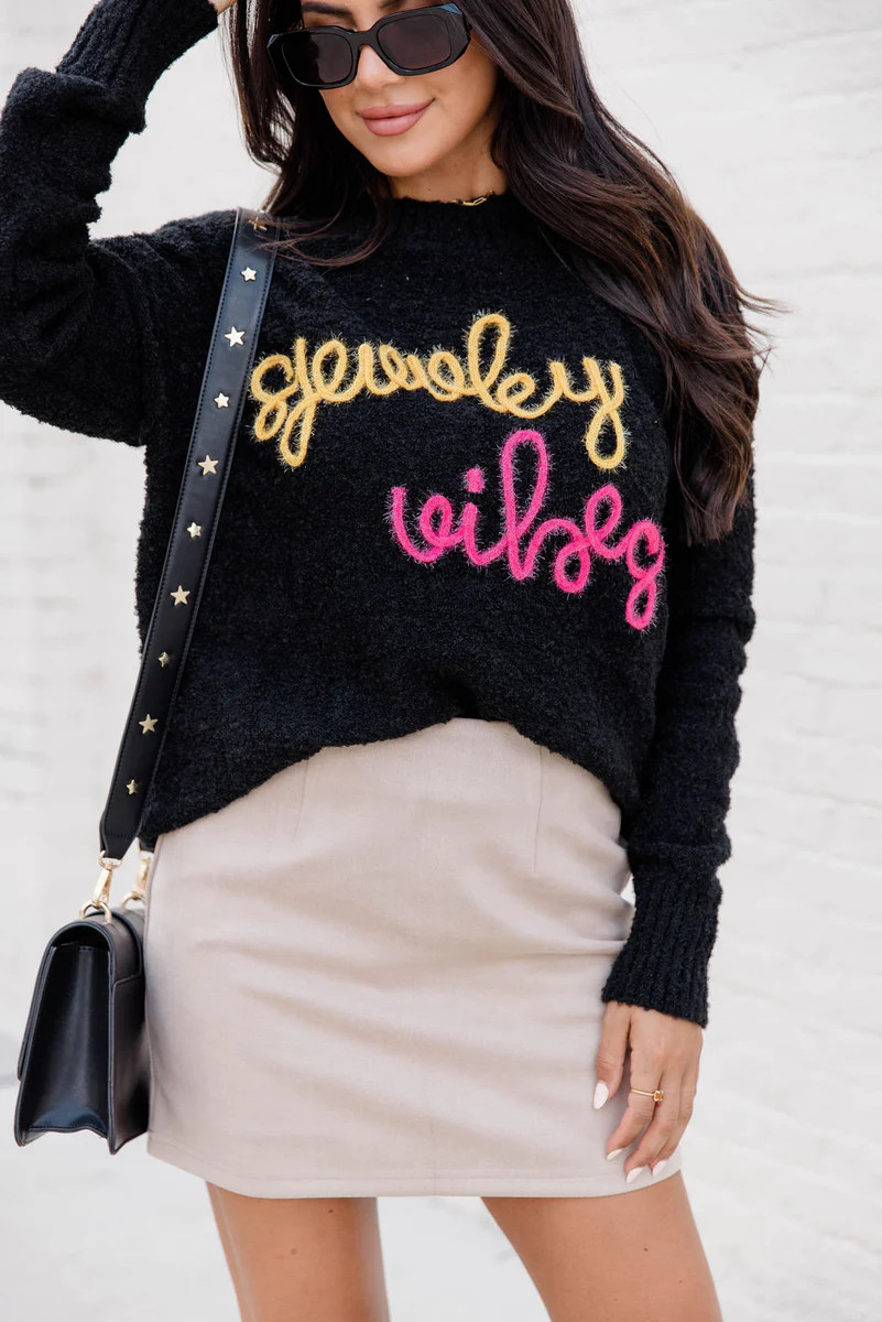 Spooky Vibes Black Tencel Embroidered Sweater | Pink Lily