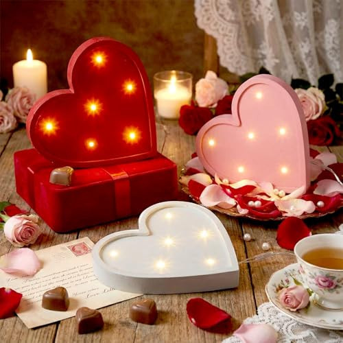 Tujoe 3 Pcs Valentine's Day Decorations Light up Heart Shape Wooden Light up Table Centerpiece Kit Colorful Valentine's Heart Table Decor for Home Party Desk Office Room | Amazon (US)