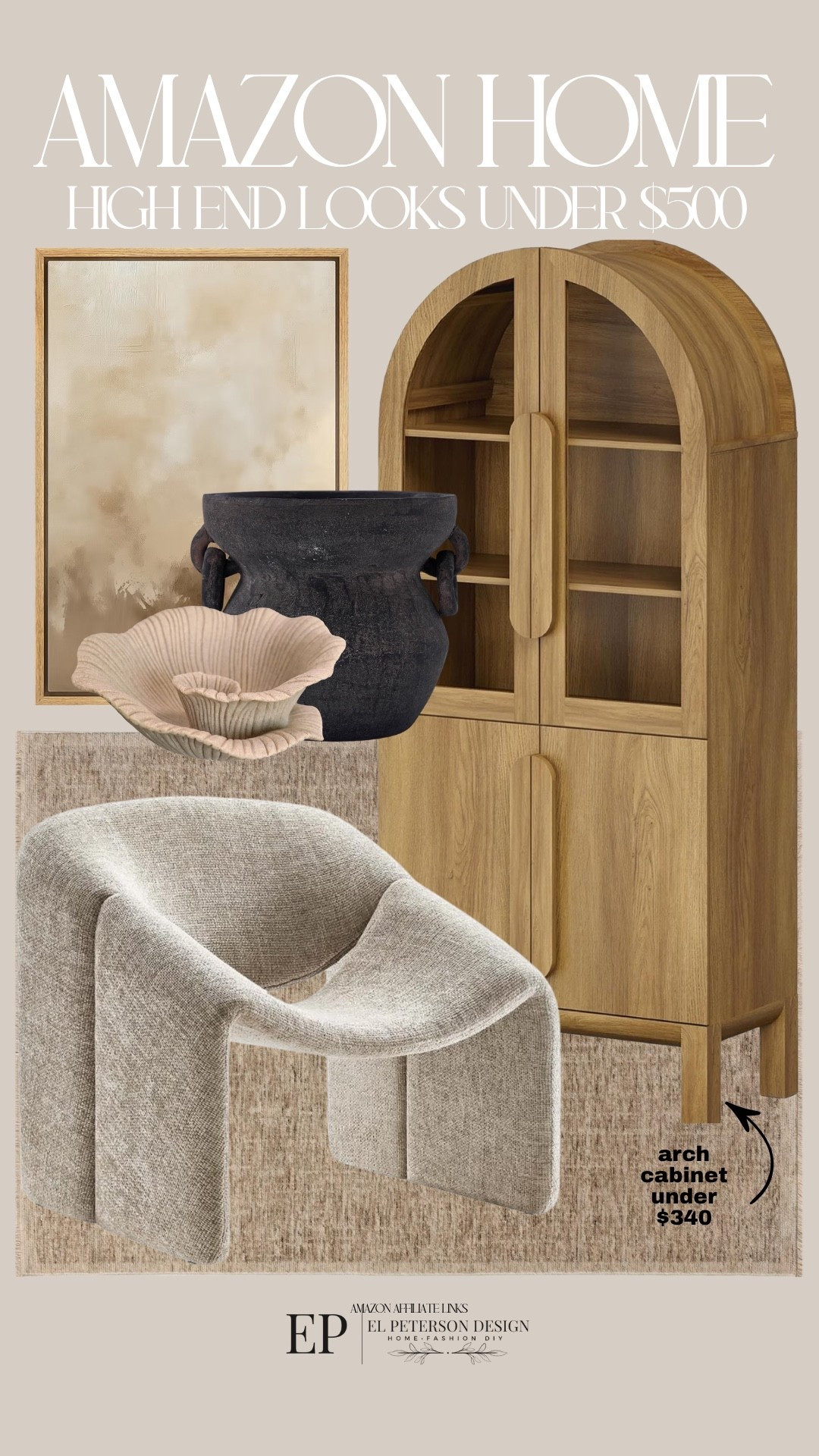 Amazon
Tall accent cabinet
Rug
Accent Chair
Vase
Bowl
Artwork

#LTKHome
