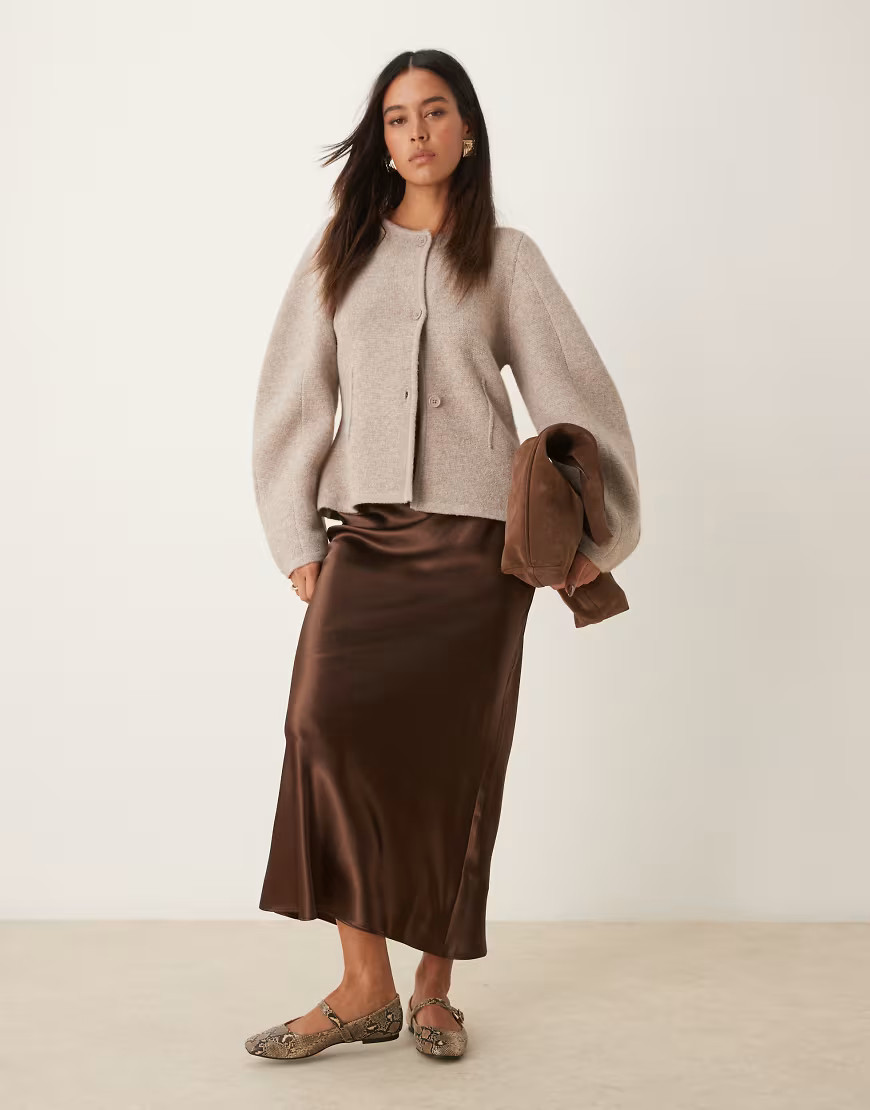 New Look satin midi bias skirt in brown | ASOS (Global)