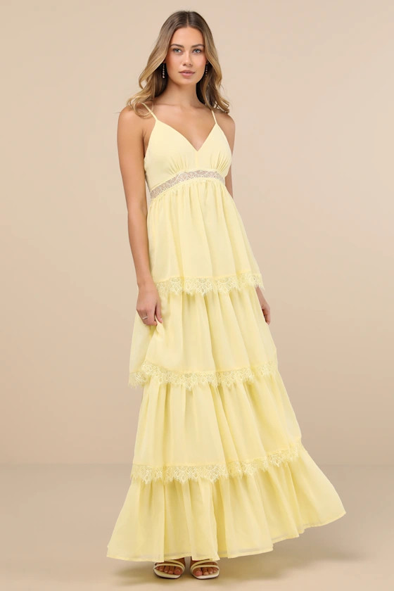 Reed Light Yellow Tiered Lace Maxi Dress | Lulus