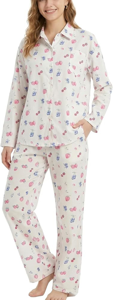 Womens 2 Piece Fruit Floral Pajamas Button Down Pajama Sets Cute Long Sleeve Wide Leg Soft Pjs Lo... | Amazon (US)