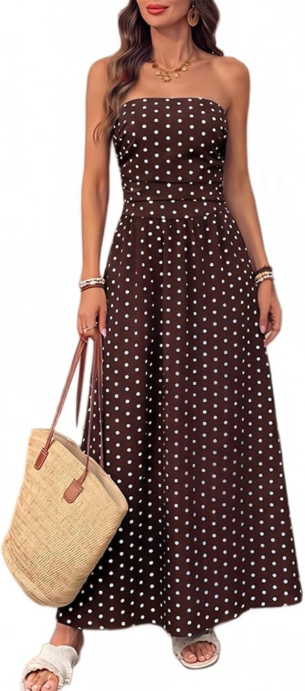 Womens Polka Dot Strapless Dress Summer Smocked Tube Top Casual Sleeveless Long Flowy Maxi Dresse... | Amazon (US)