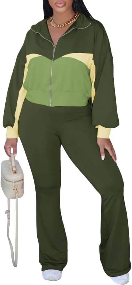 HBQ Women's Color Block 2 Piece Tracksuit Sets Long Sleeve Zip Up Crop Jacket and Flare Pants Cas... | Amazon (US)