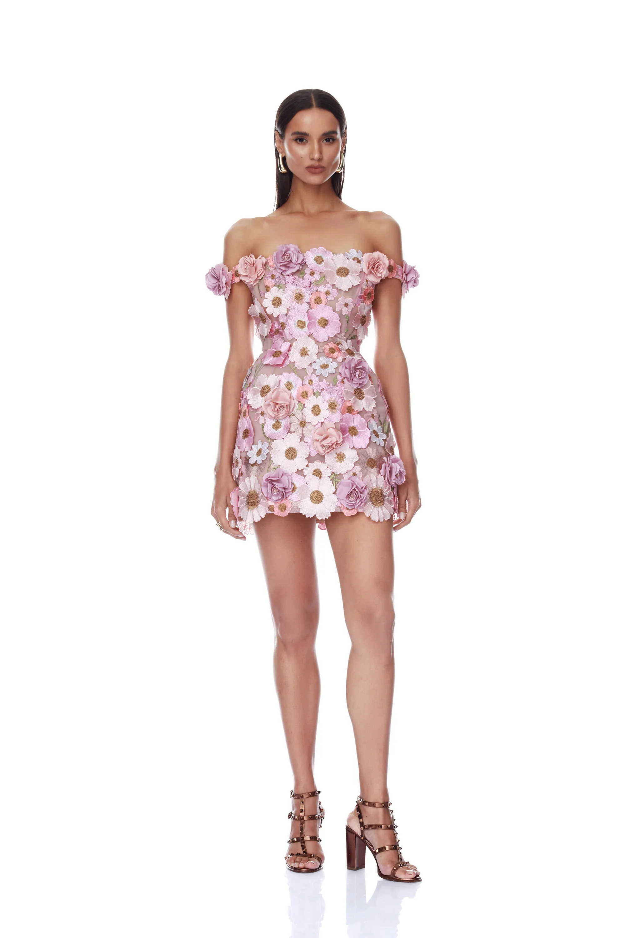 Venice 3D Floral Jasmine Off the Shoulder Mini Dress in Pink | Bronx and Banco