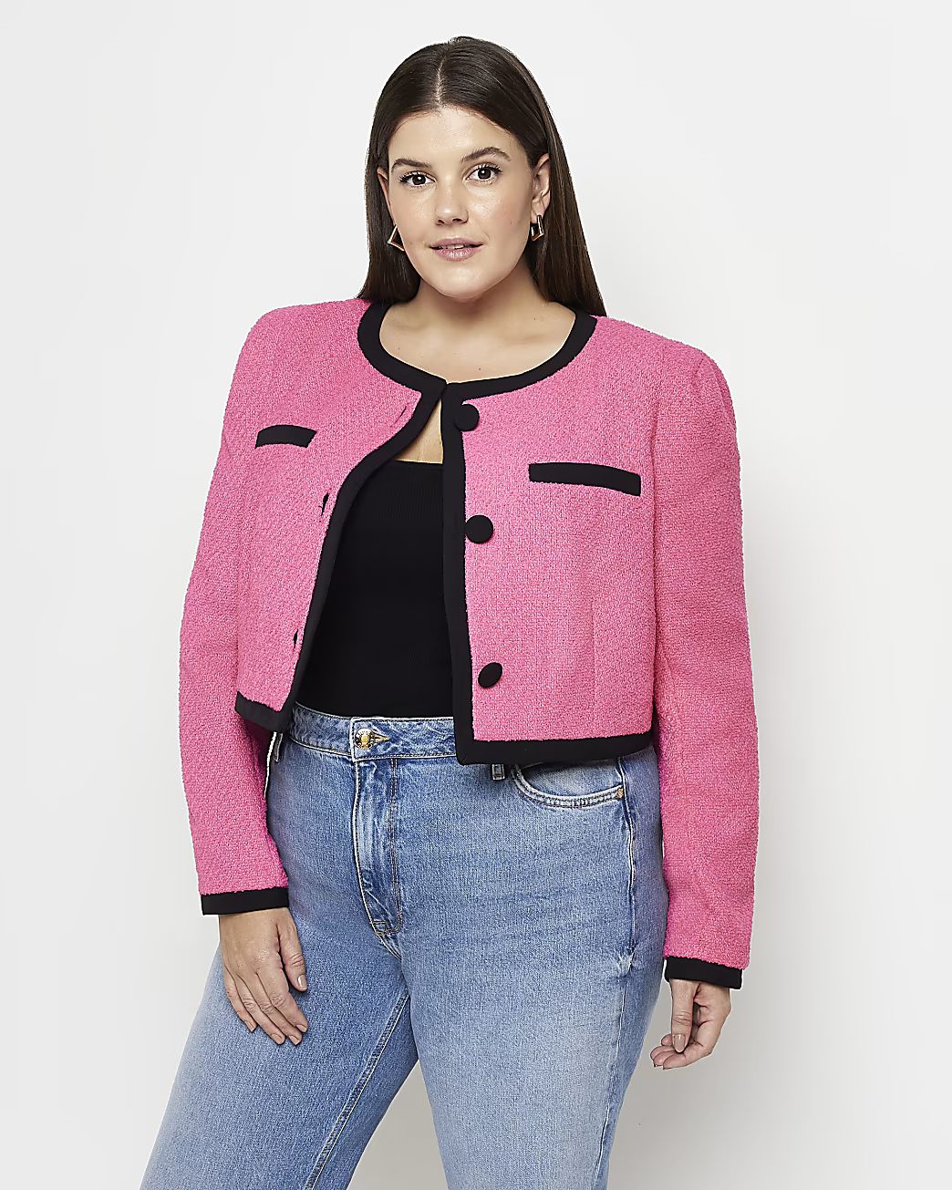 Plus pink boucle cropped jacket | River Island (US)