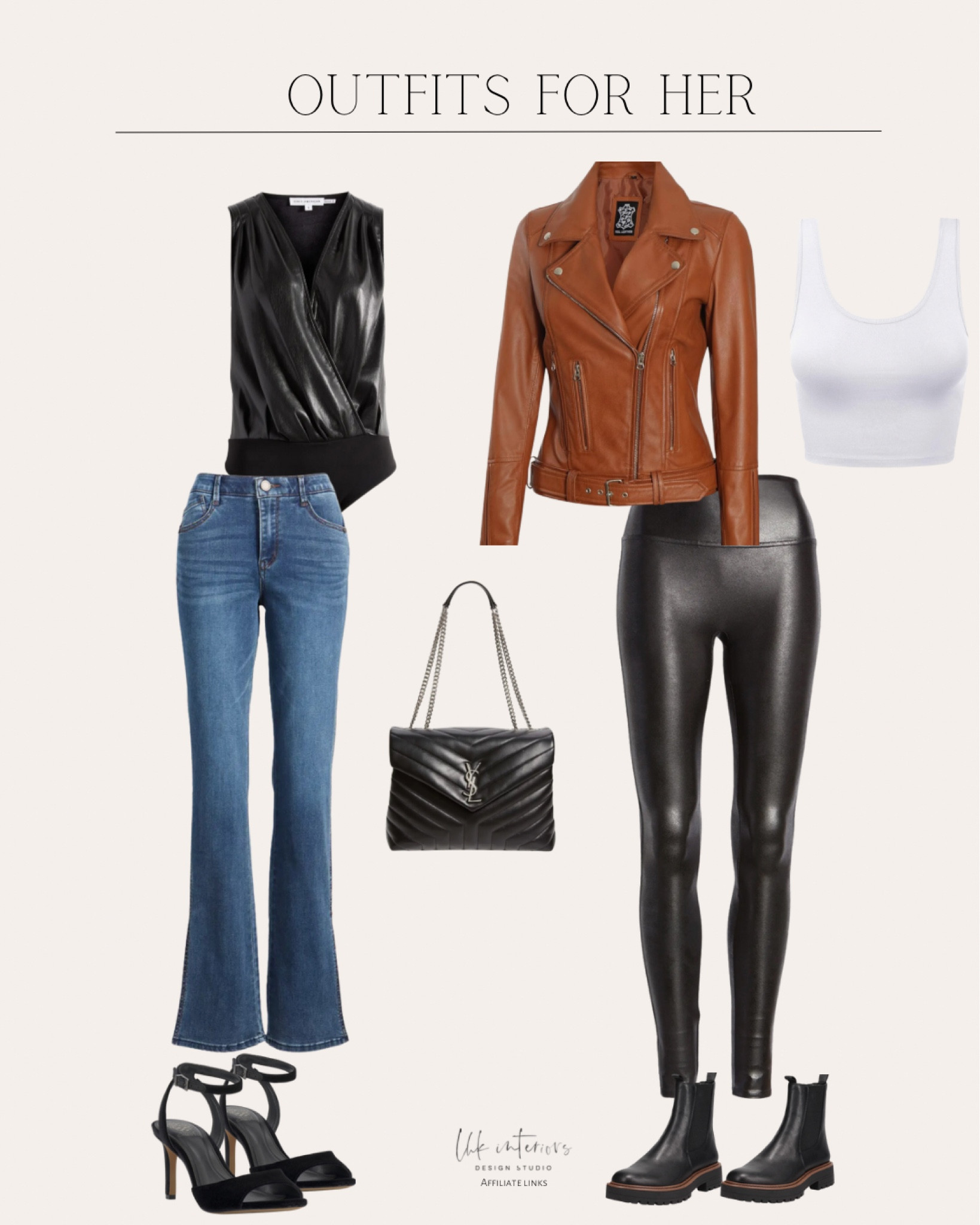 Outfits For Her 
Women’s crop tank top / Sam Edelman women’s Chelsea boots / women’s real leather jacket / faux leather wrap bodysuit / faux leather leggings / Loulou matelasse shoulder bag / ‘AB’ solution high waisted bootcut jeans / Arilene ankle strap sandal 

#LTKsalealert #LTKGiftGuide