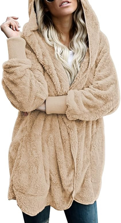 Dokotoo Womens 2022 Winter Long Sleeve Solid Fuzzy Fleece Open Front Hooded Cardigans Jacket Coats O | Amazon (US)