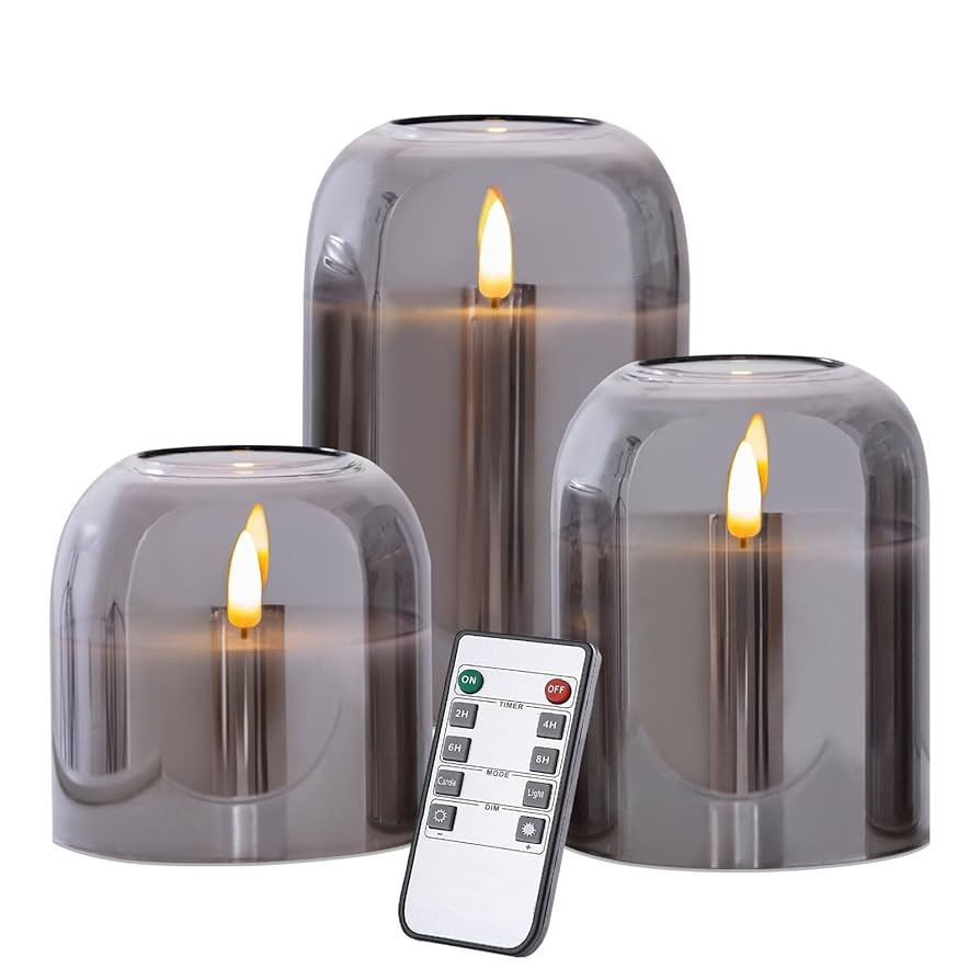 Grey Glass Flameless Candles Set of 3 (Φ 4" H 4" 5" 6") with Remote Battery Operated Flickering ... | Amazon (US)