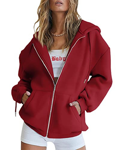 EFAN Women's Cute Hoodies Teen Girl Fall Jacket Oversized Sweatshirts Casual Drawstring Winter Clothes Zip Up Y2K Hoodie with Pocket Red | Amazon (US)