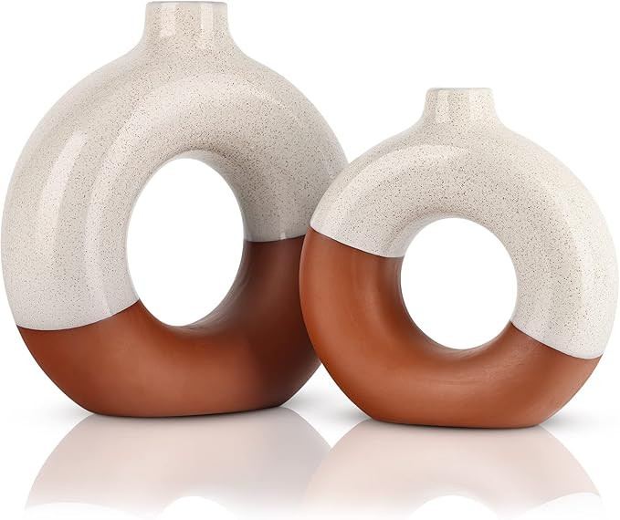 Terracotta Vase Set of 2,White and Terracotta Donut Vase,Nordic Donut Vase for Stylish Modern Min... | Amazon (US)