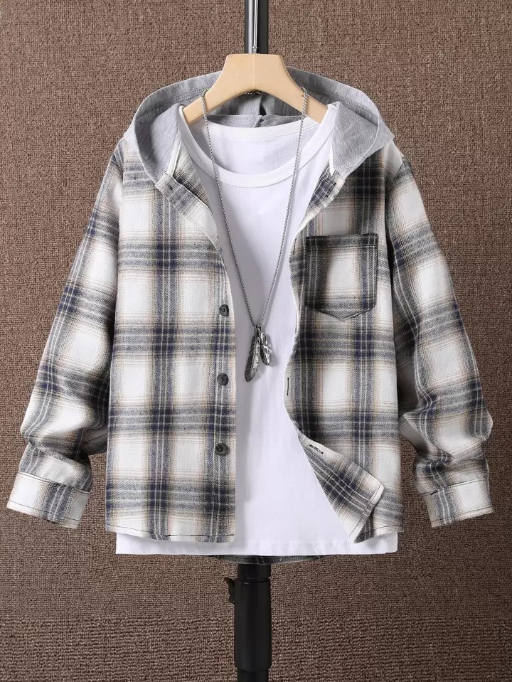 SHEIN Kids EVRYDAY Boys Plaid Print Hooded Shirt Without Tee | SHEIN