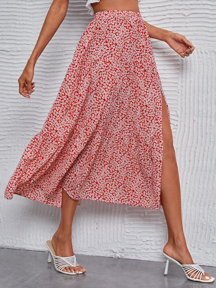 SHEIN Ditsy Floral Print Split Thigh Ruffle Hem Skirt | SHEIN