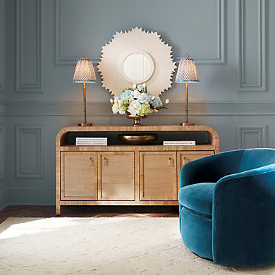 Reya Rattan and Grasscloth Mahogany Sideboard Storage Cabinet with Doors | Ballard Designs, Inc.