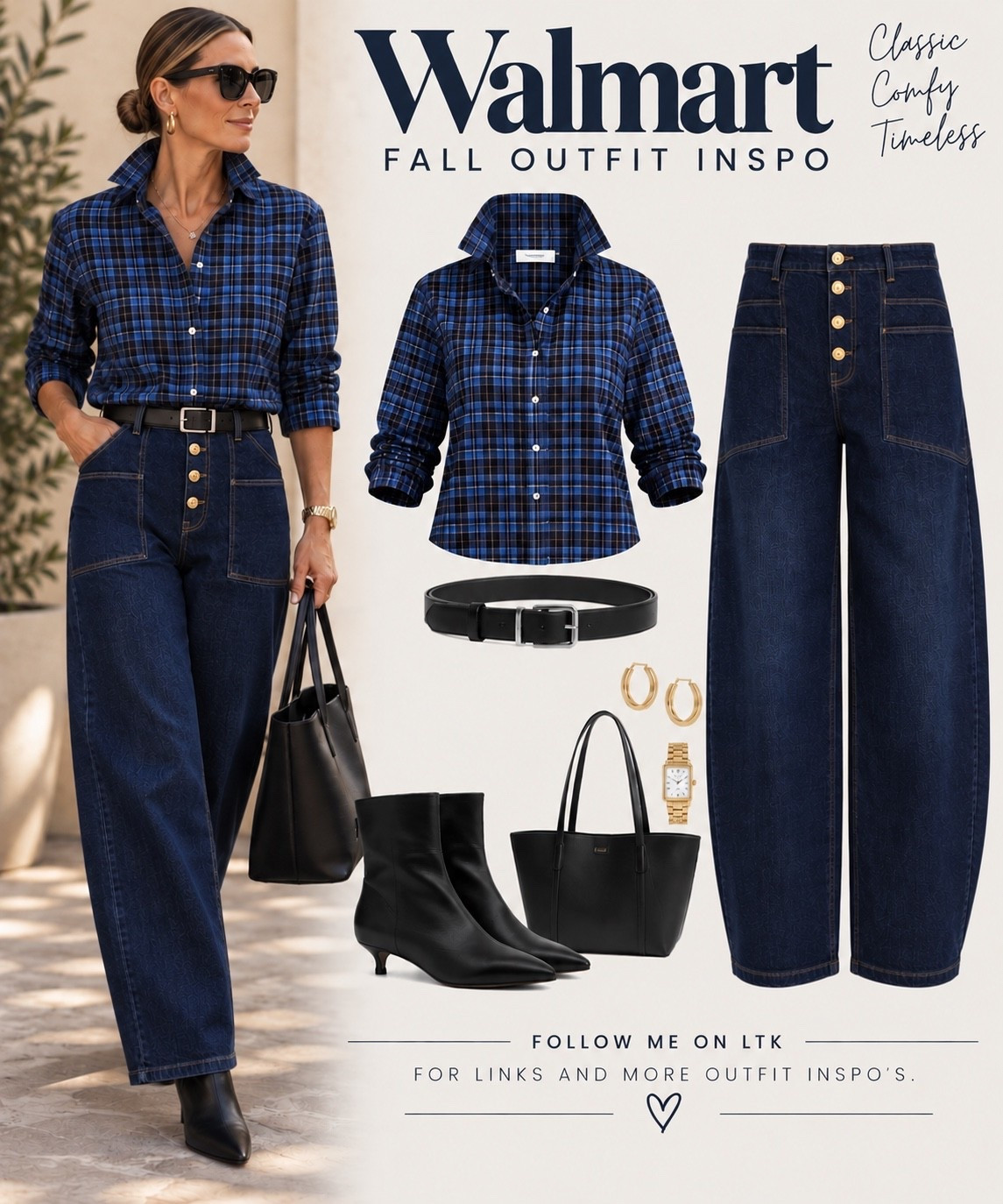 A little plaid, dark denim and sleek black accessories—this is the kind of fall outfit that feels pulled together without feeling overdone. I love how the slim barrel jeans give the classic button-down a more current shape, while the popped collar and pointed boots keep everything polished. Easy, timeless, and still interesting.

#WalmartFashion #WalmartFinds #FallOutfitInspo #FallStyle #Over40Style #Over50Style #ClassicStyle #TimelessStyle #EverydayStyle #LTKStyle

#LTKootd #LTKOver40 #LTKMidsize