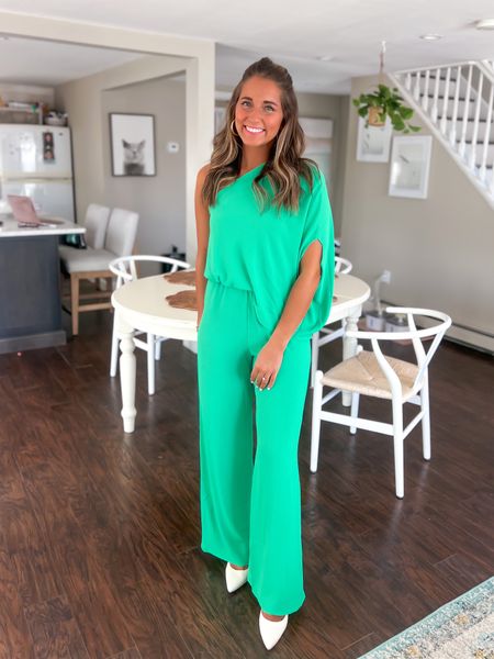 LOVE the color of this jumpsuit! Would make a great wedding guest dress! Under $60, wearing size small 

#LTKwedding #LTKunder50 #LTKunder100