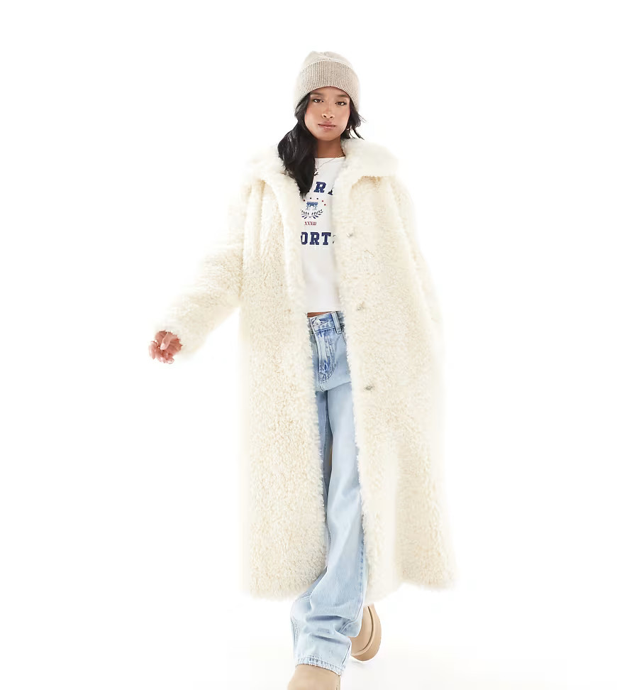ASOS DESIGN Petite longline curly borg coat in neutral-White | ASOS (Global)