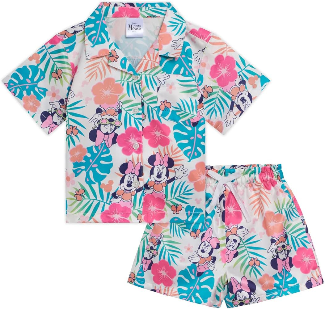 Disney Mickey Mouse Minnie Mouse Hawaiian Button Down Shirt and Shorts Outfit Set Toddler to Big ... | Amazon (US)