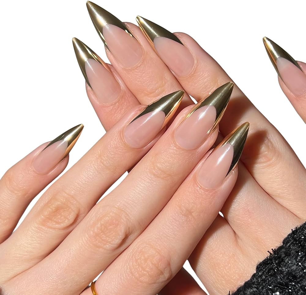 PaintLab Press-On Nails Manicure Kit, Gold Chrome Stiletto, 30-Piece Set, Long-Lasting Fake Nails... | Amazon (US)