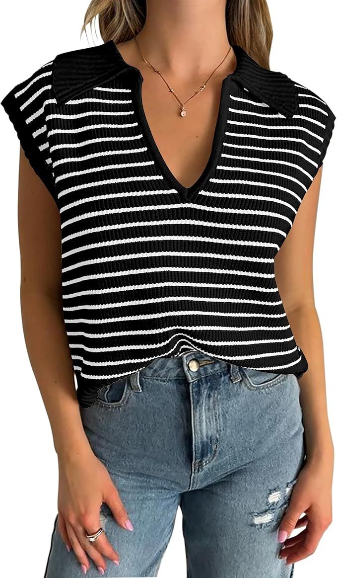 NENONA Women's V Neck Cap Sleeve Summer Sweater Tops 2024 Striped Casual Loose Knit Vest | Amazon (US)