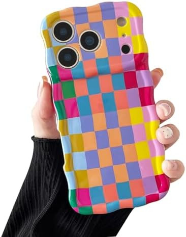 Compatible with iPhone 17 Pro Max Case, Cute Wave Curly Colorful Checkerboard Plaid Pattern Cover... | Amazon (US)