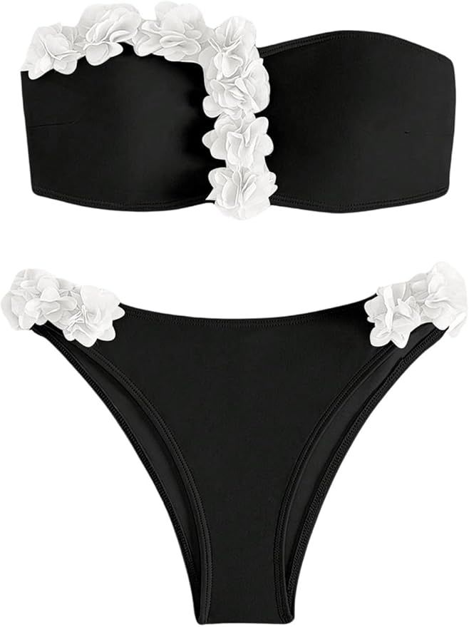 Women's 2 Piece Bikini Set Solid 3D Floral Bandeau Bikini Set High Cut Bikini Swimsuit Bathing Su... | Amazon (US)