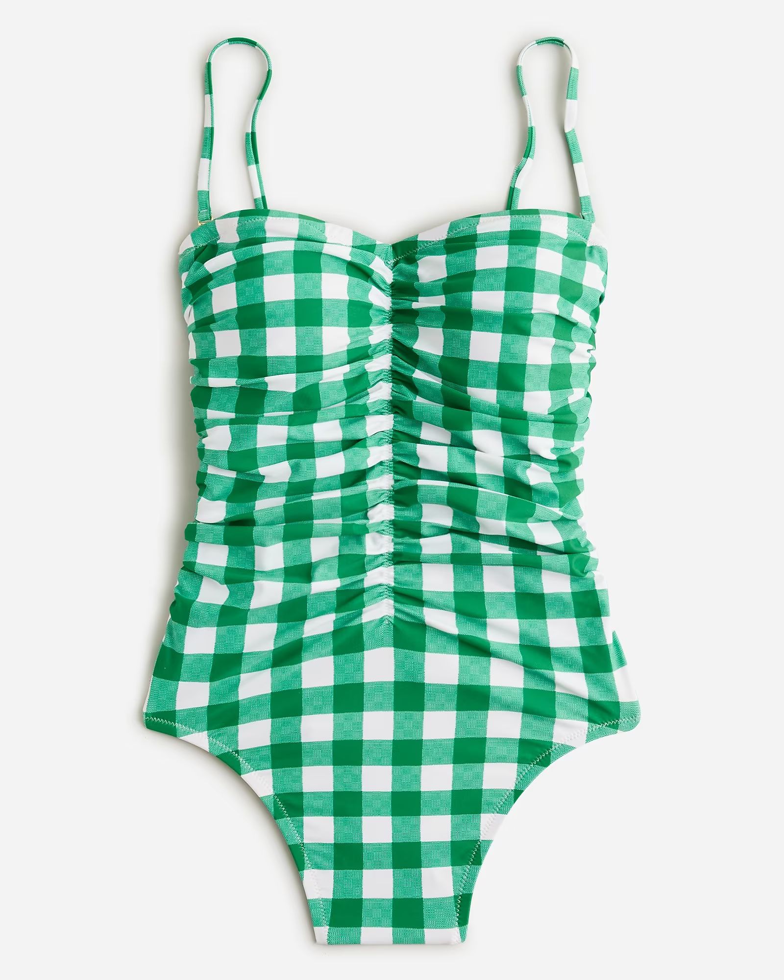 Ruched sweetheart one-piece swimsuit in green gingham | J.Crew US