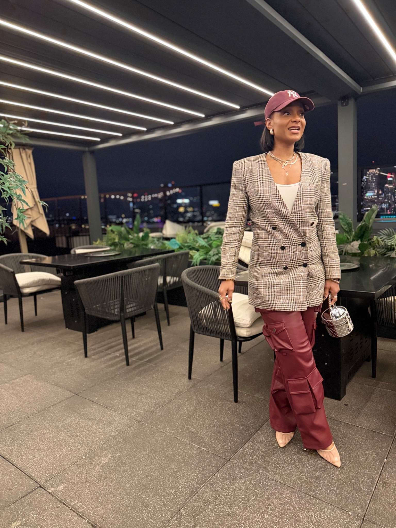Blazer - thrifted
Pants - Fashion Nova (Name: Something About You Faux Leather Cargo Pant 32 - Burgundy medium) 
Hat - Amazon linked
Mesh Kitten Heels - Amazon linked
Purse - Fashiin Nova (Name: Here for Drama Clutch) 

#LTKOver40 #LTKootd #LTKMidsize
