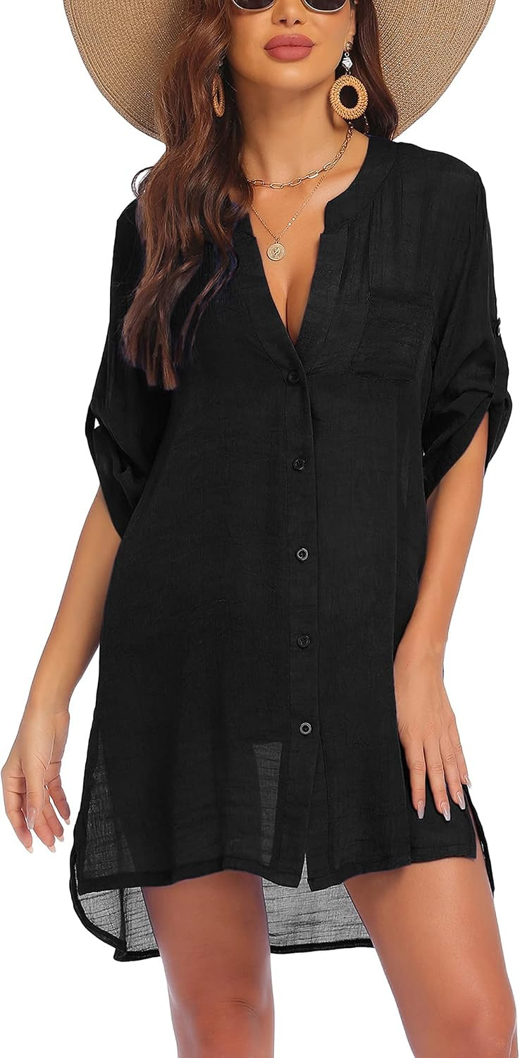 AI'MAGE Women's Swimsuit Cover Ups Shirt Sexy V-Neck Bathing Suit Coverups Dress Bikini Beach Tun... | Amazon (US)