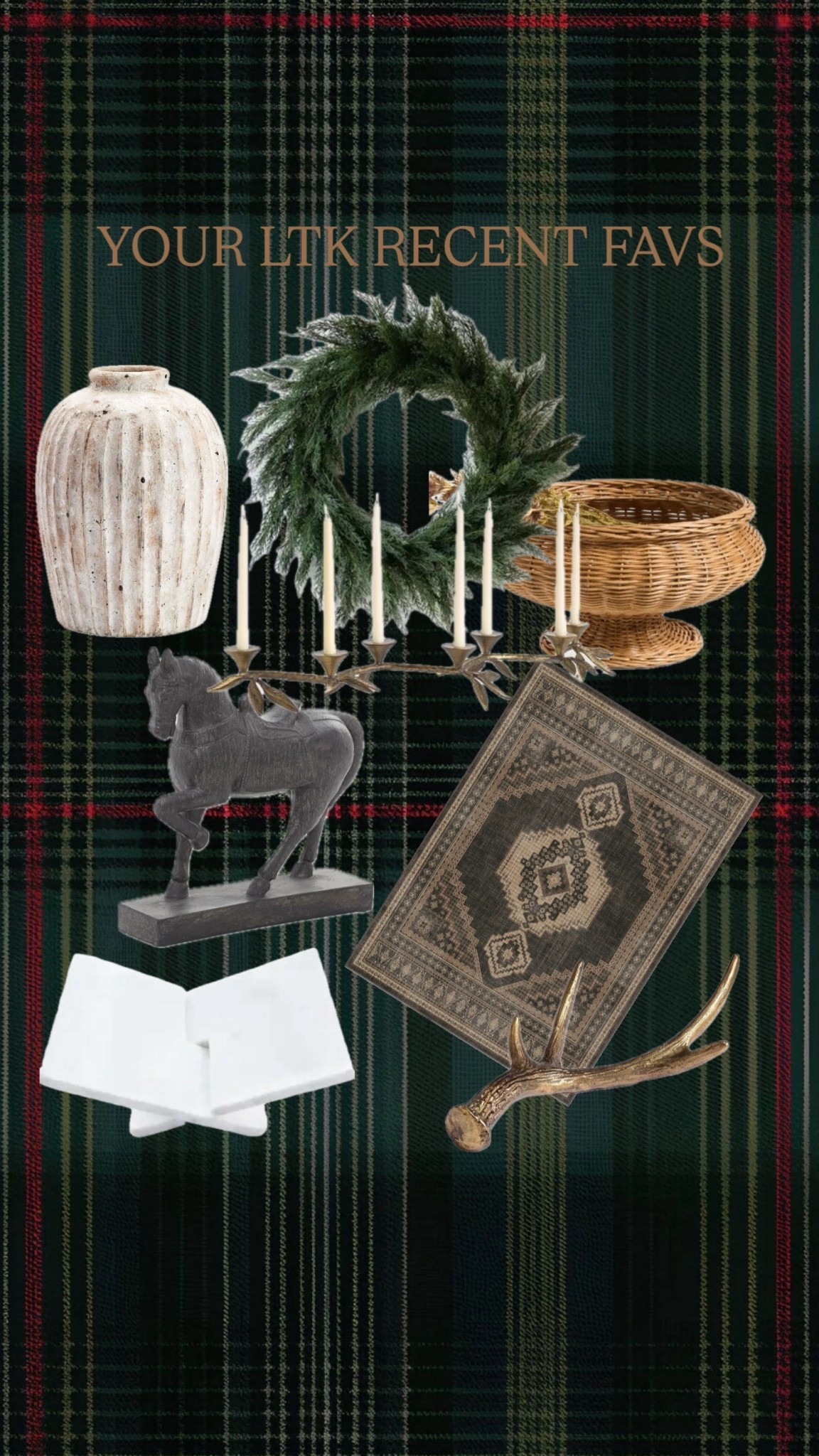 Your LTK recent favs… terracotta vase, marble book holder, brass antler, wreath, woven pedestal bowl, horse, forged candelabra and vintage inspired washable rug. 

#LTKSaleAlert #LTKHome #LTKHoliday