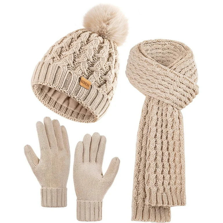 REDESS Winter Women’s Beanie Hat Scarf Gloves Set, Fleece Lined Winter Hat with Pom Pom,Oat | Walmart (US)
