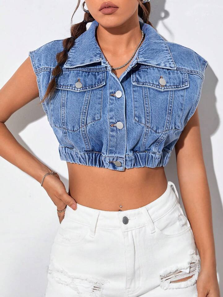 SHEIN EZwear Flap Pocket Button Front Crop Denim Top | SHEIN