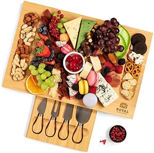 Unique Bamboo Cheese Board, Charcuterie Platter & Serving Tray Including 4 Stainless Steel Knife ... | Amazon (US)