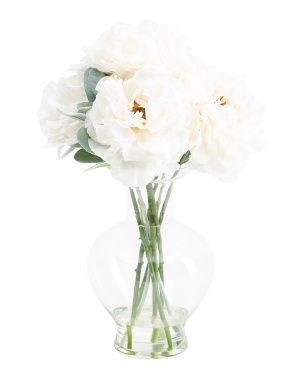 13in Real Touch Peony With Lambs Ear In Glass | TJ Maxx