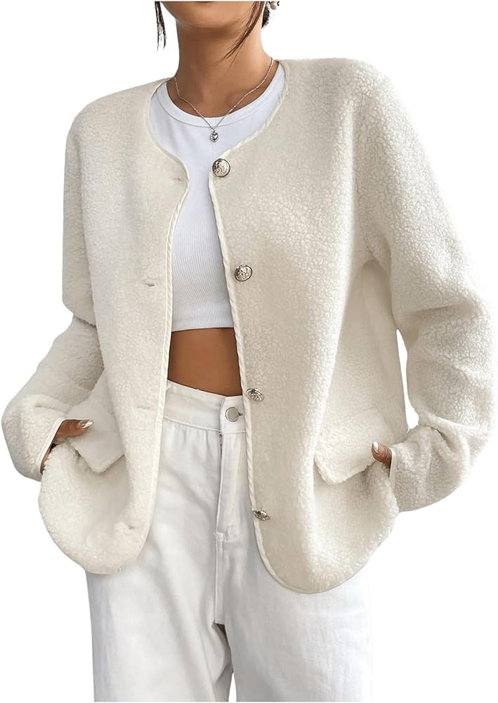 Verdusa Women's Fuzzy Teddy Jackets Long Sleeve Button Down Fleece Outerwear | Amazon (US)