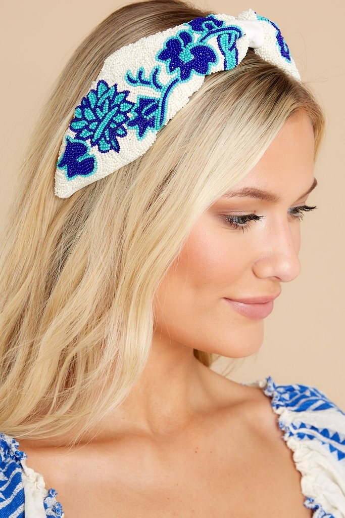 Blue Flower White Beaded Headband | Red Dress 