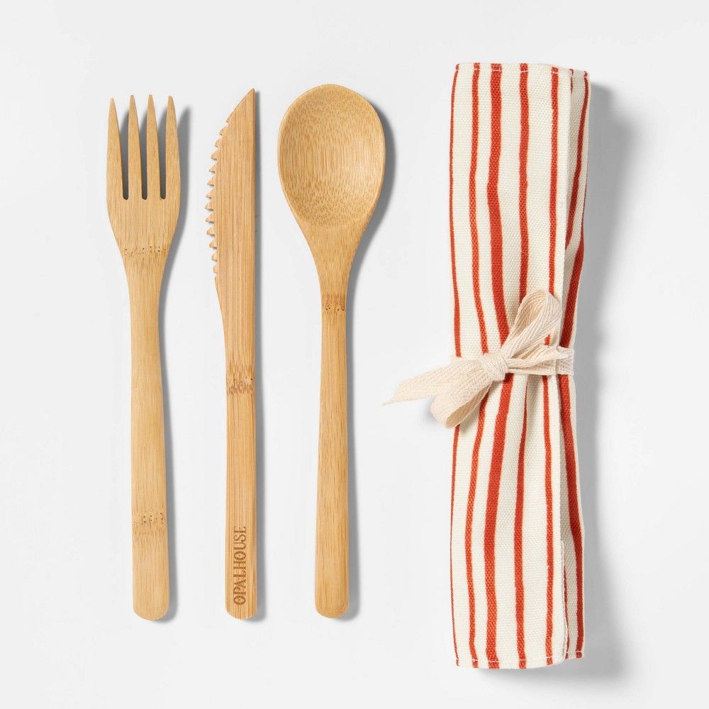 3pc Bamboo Utensil Set with Bag Orange/Cream Stripe - Opalhouse™ | Target