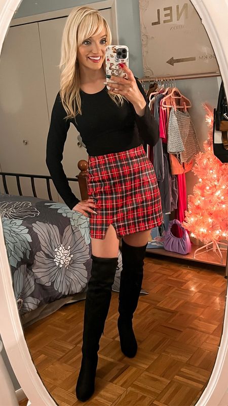 Tartan plaid mini skirt - black over the knee boots on deal for $35 - black bodysuit - holiday outfit - Christmas outfit - Amazon Fashion - Amazon Finds 

#LTKunder50 #LTKHoliday #LTKshoecrush