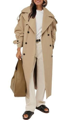Farktop Womens Oversized Long Trench Coat Double Breasted Lapel Windproof Overcoat with Belt | Amazon (US)