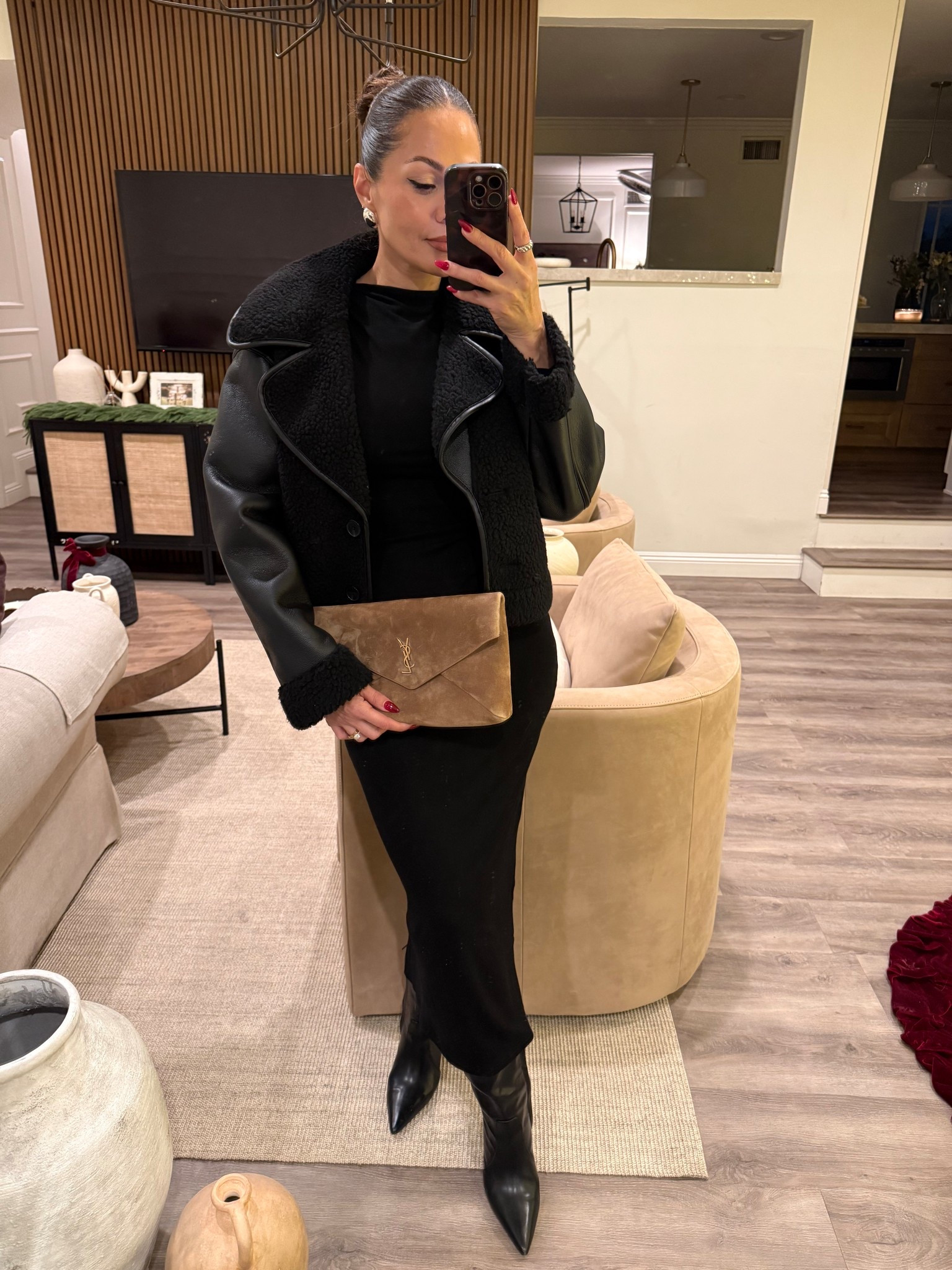 Effortless dinner look 🤍 A sleek black dress layered with a cozy shearling jacket—timeless, chic, and always a yes🤌🏻
Wearing small in dress + jacket 

#LTKU #LTKootd #LTKHoliday