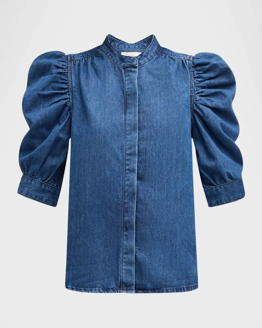 FRAME Gillian Denim Puff-Sleeve Top | Neiman Marcus